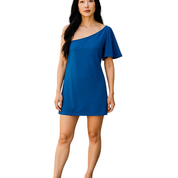 Susana Monaco One Shoulder Ruffle Sleeve Supplex A Line Mini Blue Cocktail Dress - Picture 1 of 8